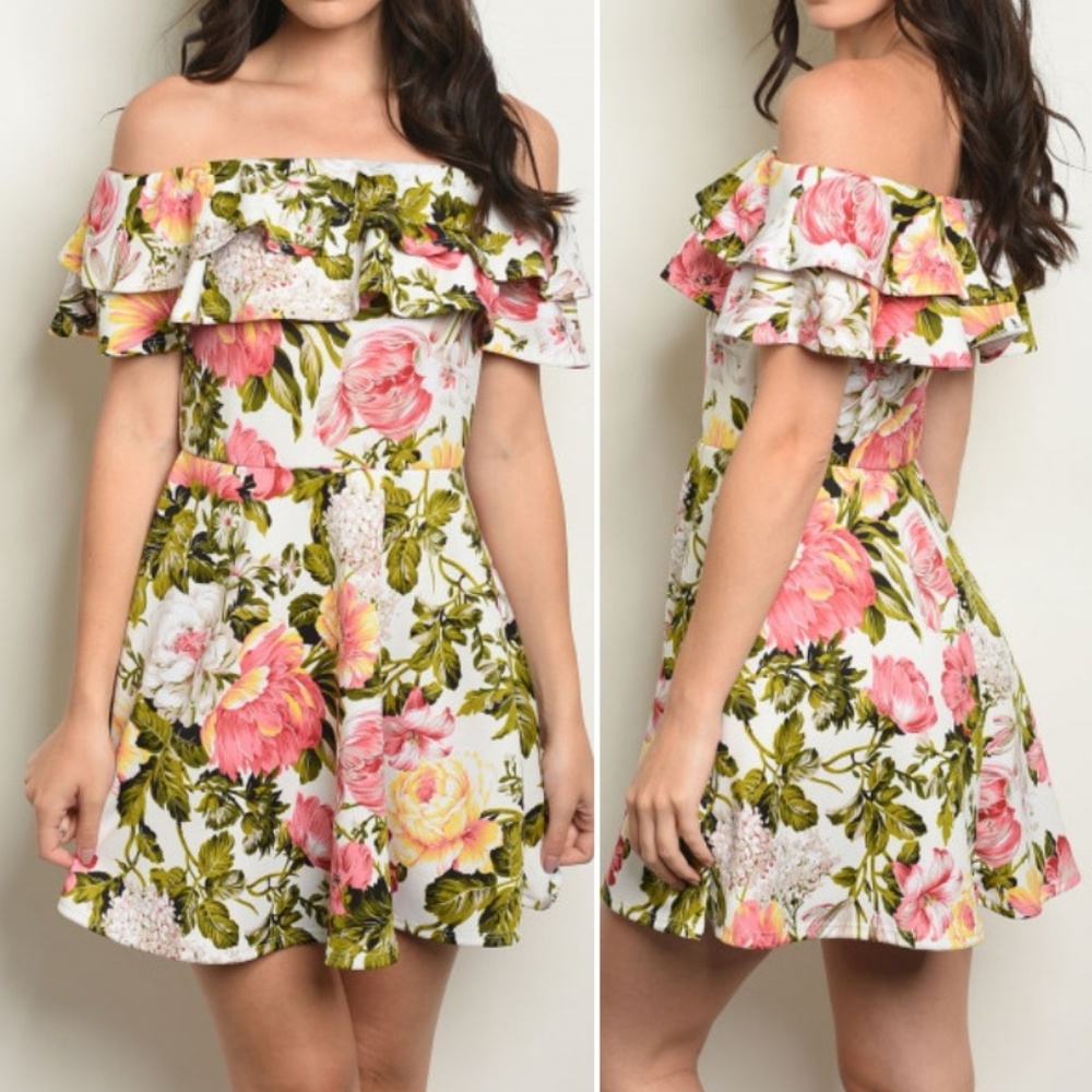 IVORY FLORAL OFF SHOULDER DRESS - Picture 2 of 4